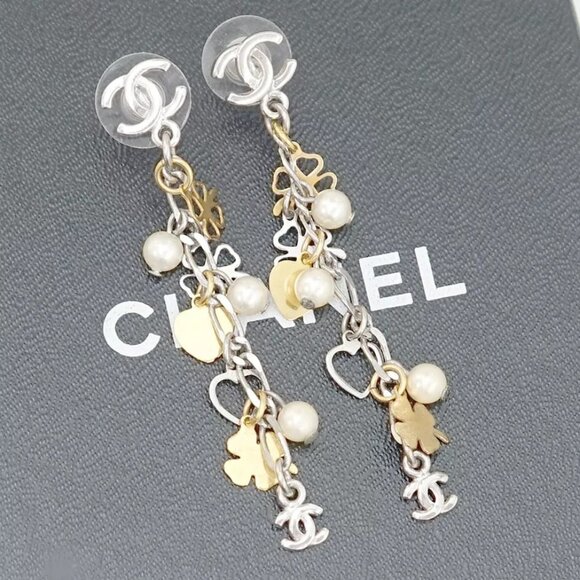 CHANEL CC Logos Clover Heart Pearl Dangle Earrings Silver Tone 08P Auth w/Box - Picture 1 of 16